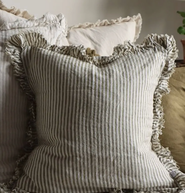 Ellenvale - Ruffled Linen Cushion Cover - Olive Stripe