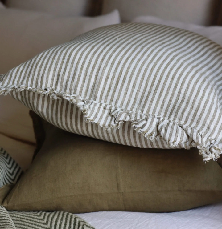 Ellenvale - Ruffled Linen Cushion Cover - Olive Stripe