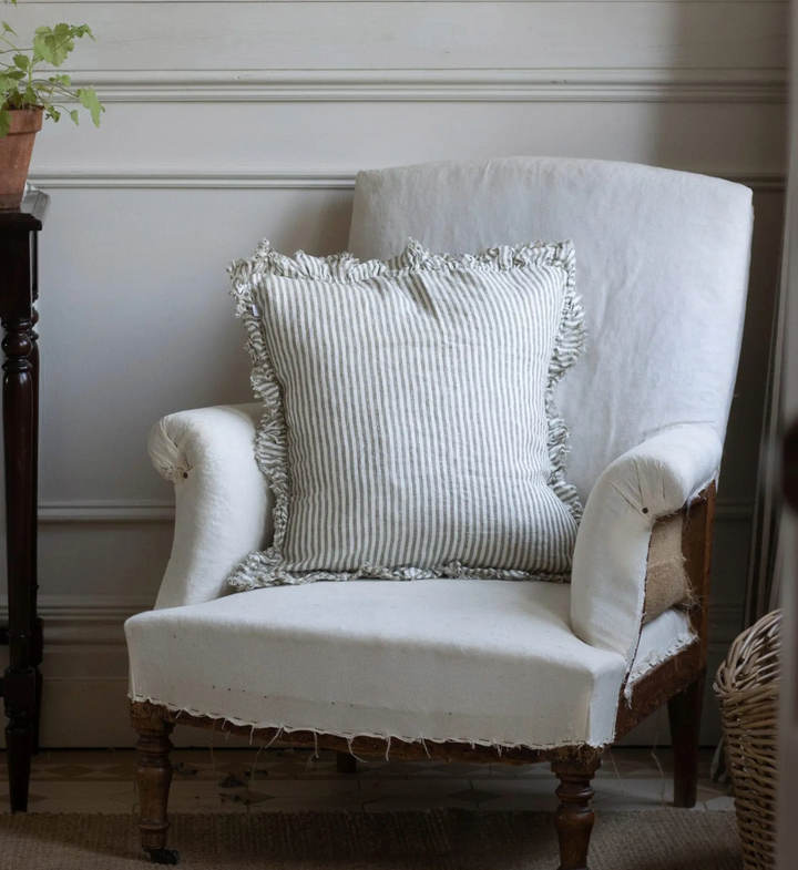 Ellenvale - Ruffled Linen Cushion Cover - Olive Stripe