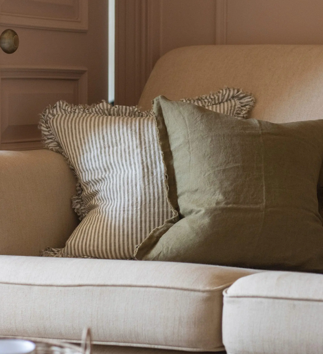 Ellenvale - Ruffled Linen Cushion Cover - Olive Stripe