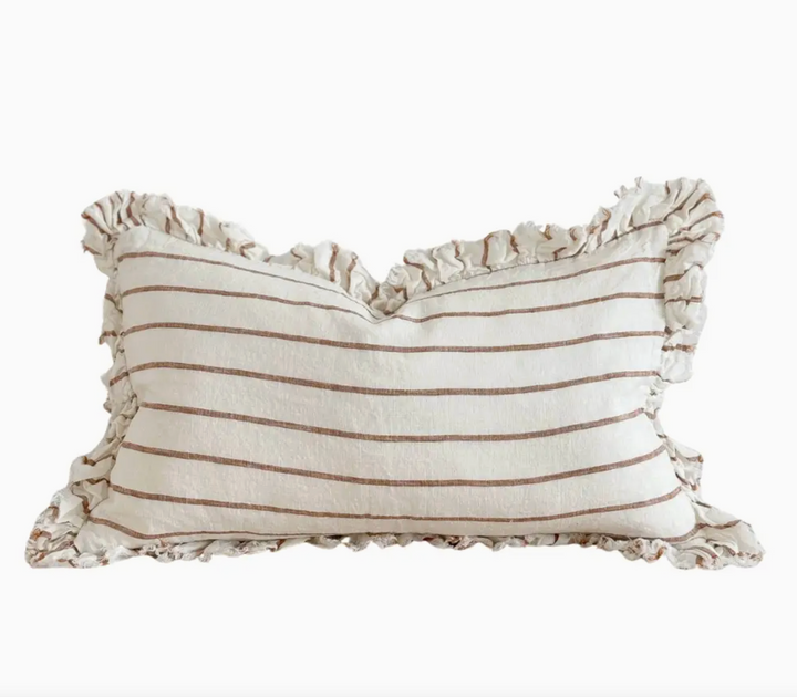 Ellenvale - Ruffled Linen Cushion Cover - Rust &amp; Cream Stripe (30cm x 50cm)