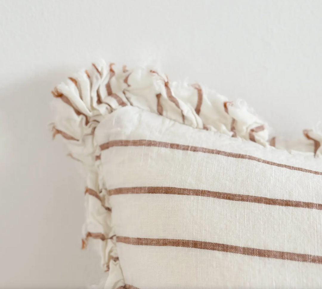 Ellenvale - Ruffled Linen Cushion Cover - Rust &amp; Cream Stripe (30cm x 50cm)