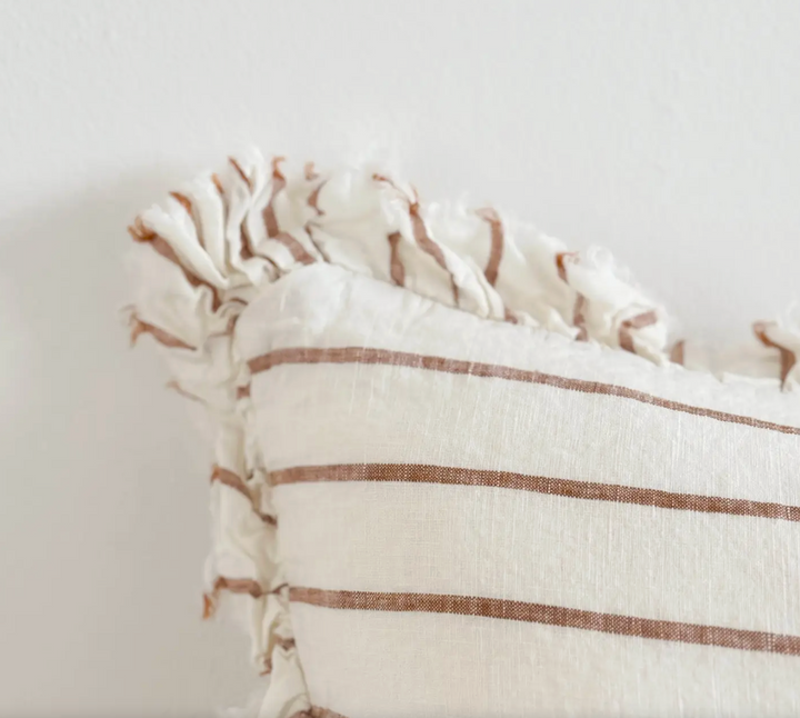 Ellenvale - Ruffled Linen Cushion Cover - Rust &amp; Cream Stripe (30cm x 50cm)