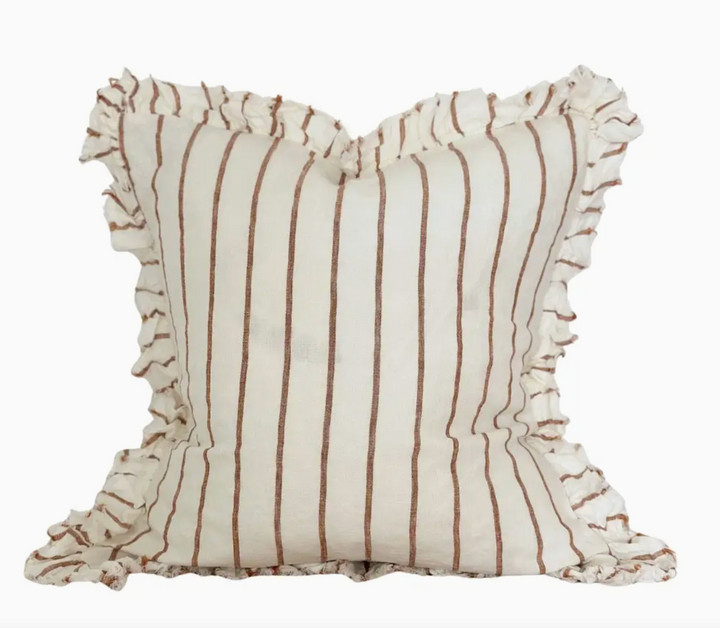 Ellenvale - Ruffled Linen Cushion Cover - Rust &amp; Cream Stripe (45cm x 45cm)