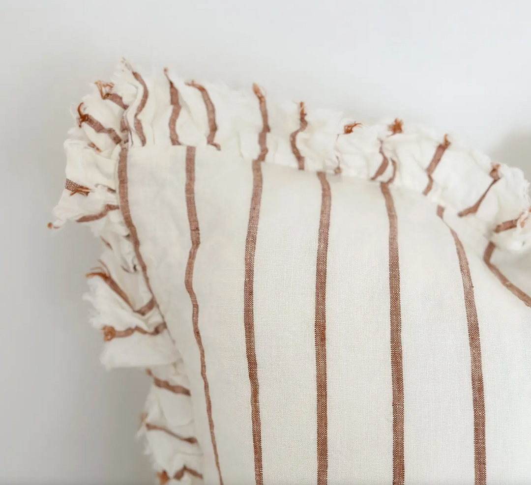 Ellenvale - Ruffled Linen Cushion Cover - Rust &amp; Cream Stripe (45cm x 45cm)