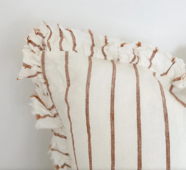Ellenvale - Ruffled Linen Cushion Cover - Rust &amp; Cream Stripe (45cm x 45cm)