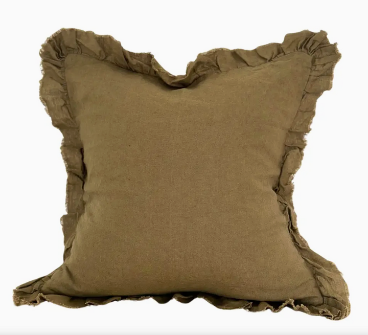 Ellenvale - Ruffled Linen Cushion Cover - Olive Green (45cm x 45cm)