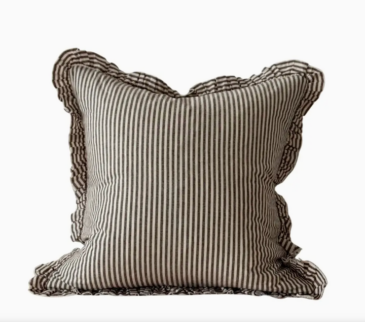 Ellenvale - Ruffled Linen Cushion Cover - Dark Brown Stripe (45cm x 45cm)