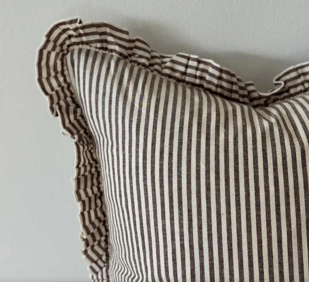 Ellenvale - Ruffled Linen Cushion Cover - Dark Brown Stripe (45cm x 45cm)