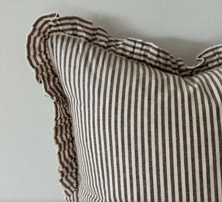 Ellenvale - Ruffled Linen Cushion Cover - Dark Brown Stripe (45cm x 45cm)
