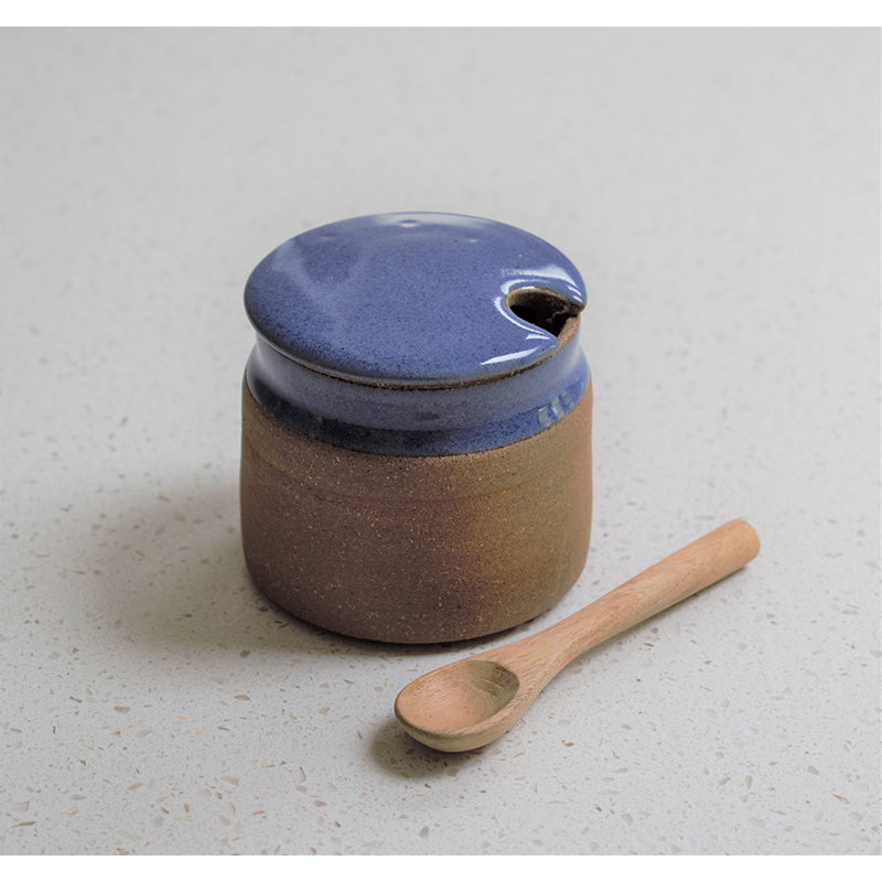 Stoneware Sugar Pot With Wooden Spoon In Dark Blue